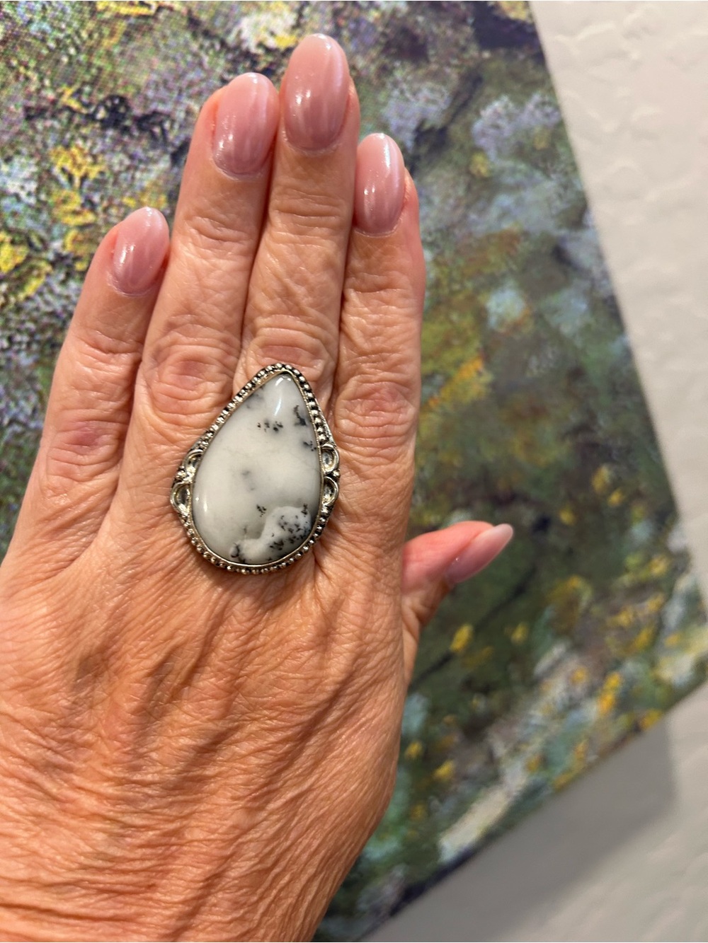 Sterling Silver Teardrop White Dendritic Agate Statement Ring